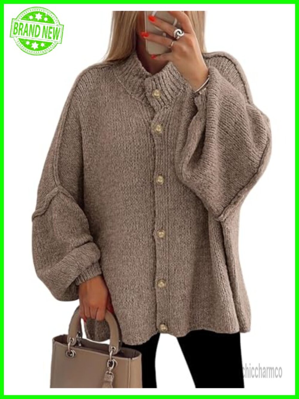 Oversized Chunky Knit Cardigan Sweater Button Down Lantern Sleeve